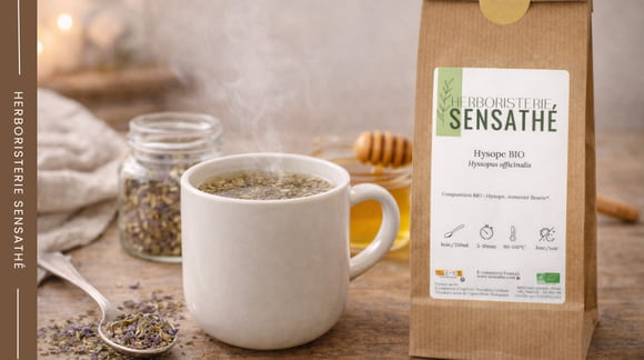 Tisane d’hysope expectorante préparée pour soulager la toux et dégager les bronches - Herboristerie Sensathé